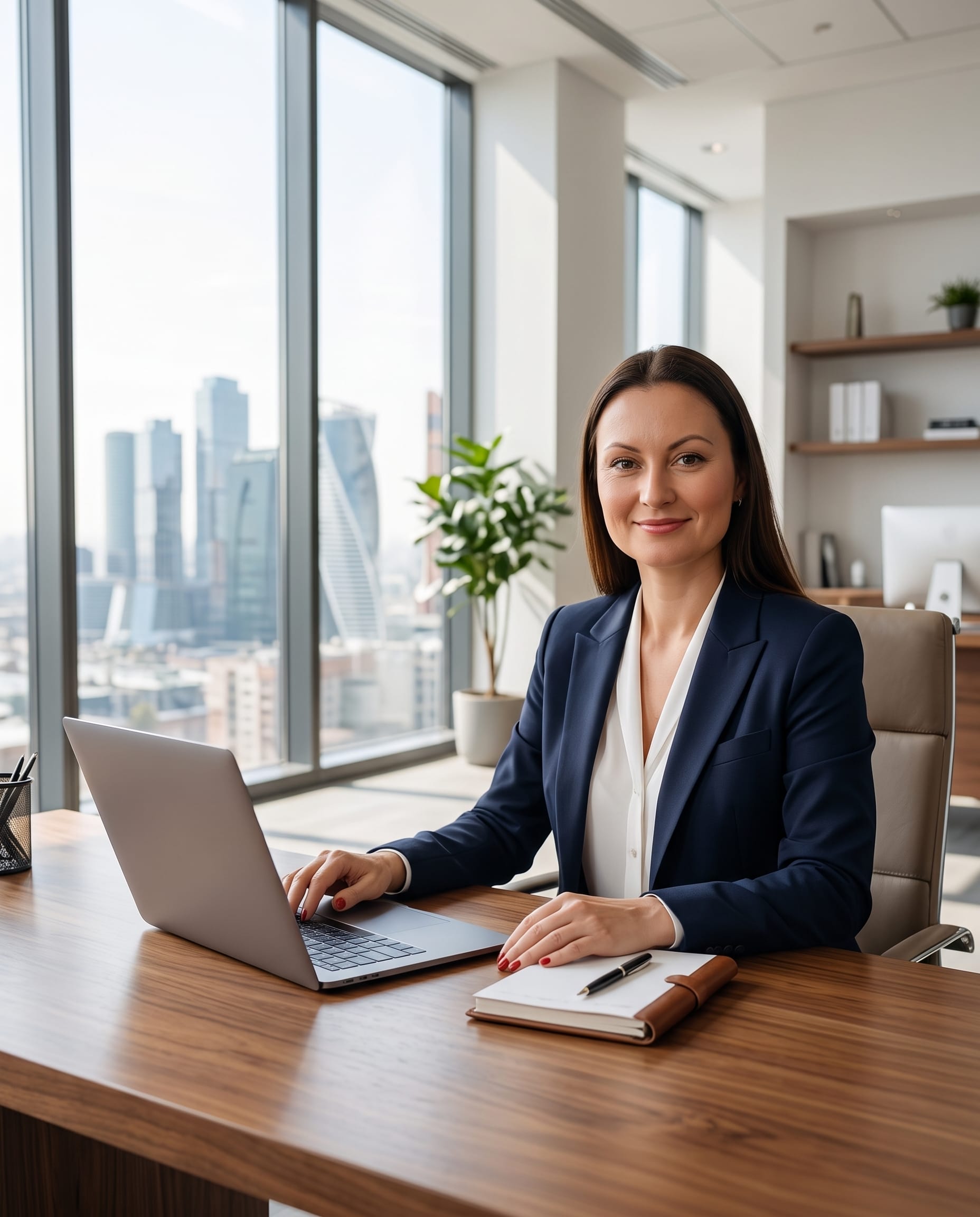 A professional businesswoman (Olga) in a modern office setting — sitting at a wooden desk with a laptop, wearing a navy blazer and white blouse. Confident, warm expression. Bright natural lighting, ci